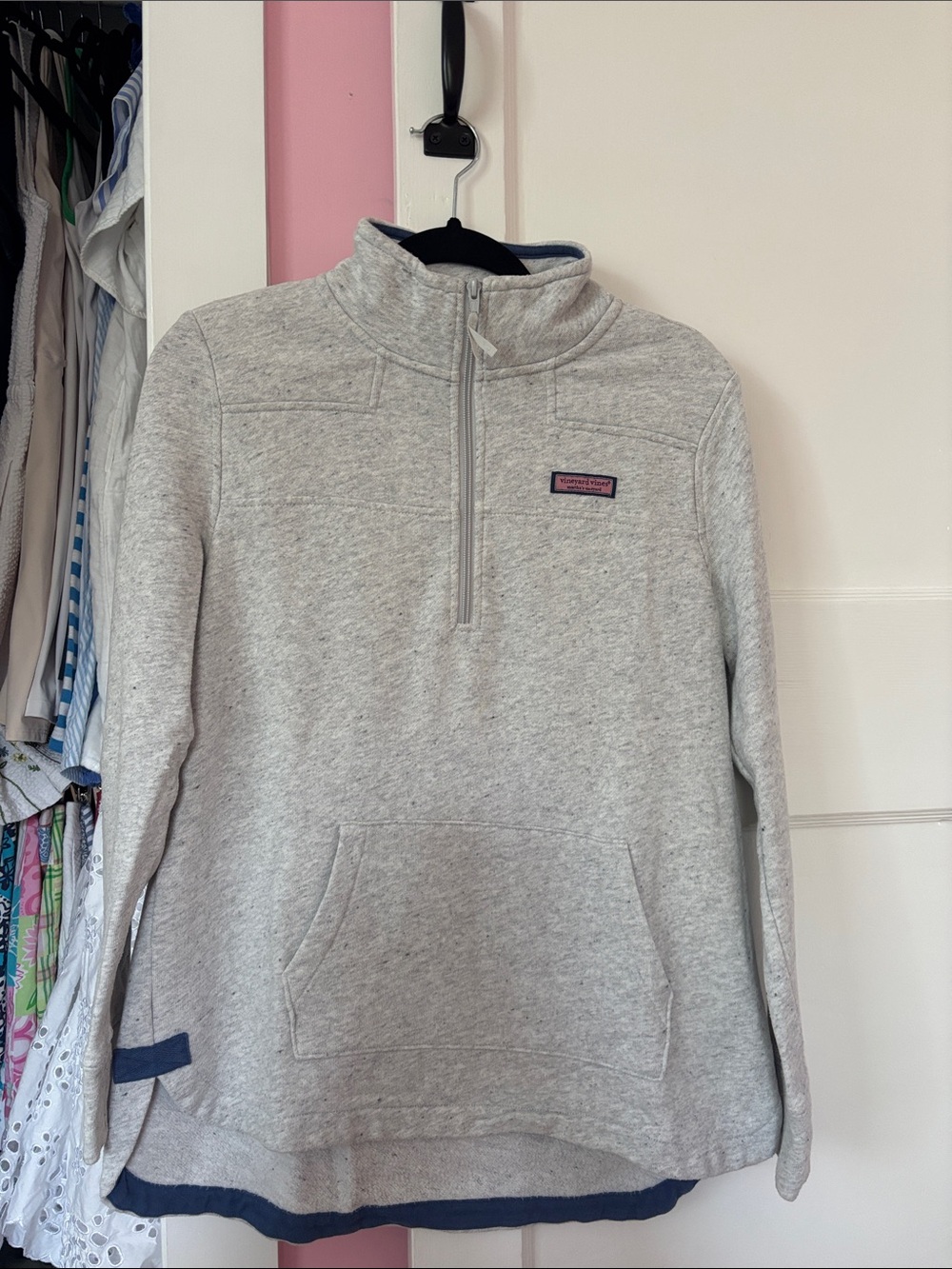 Vineyard Vines Light Gray Half-Zip Pullover with Blue Trim